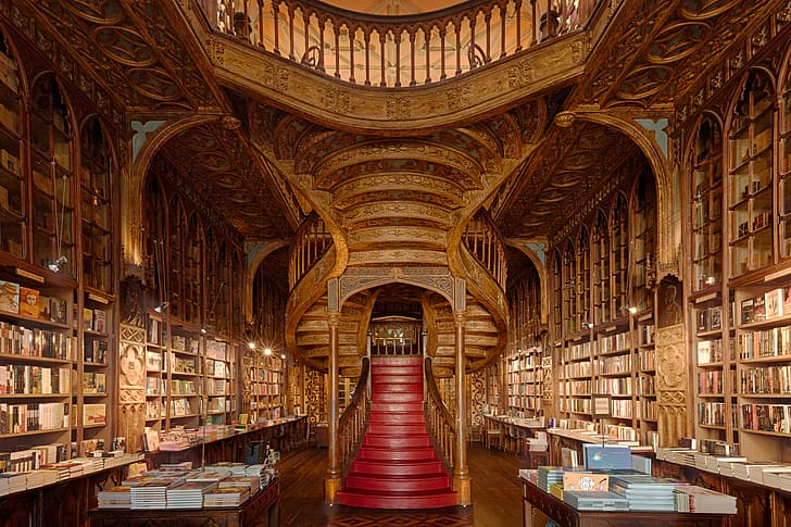 Livres, étagère, intérieur, bois, étagères, Livraria Lello, Portugal, Porto, escalier, escaliers, Fond d'écran HD