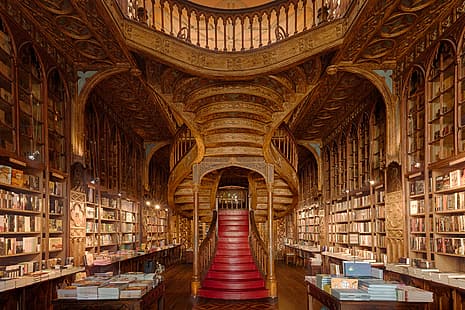 livros, estante de livros, interior, madeira, estantes, Livraria Lello, Portugal, Porto, escada, escadas, HD papel de parede HD wallpaper