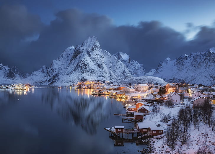 winter, sea, clouds, landscape, mountains, nature, home, the evening, village, Norway, The Lofoten Islands, Hamnoy, Lofoten, Andrey Chabrov, HD wallpaper