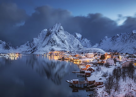 겨울, 바다, 구름, 경치, 산들, 자연, 집, 저녁, 마을, 노르웨이, Lofoten Islands, Hamnoy, Lofoten, Andrey Chabrov, HD 배경 화면 HD wallpaper