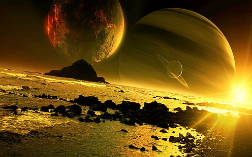 Złota przestrzeń, planeta saturn, przestrzeń, 1920x1200, światło, planeta, wszechświat, galaktyka, Tapety HD HD wallpaper