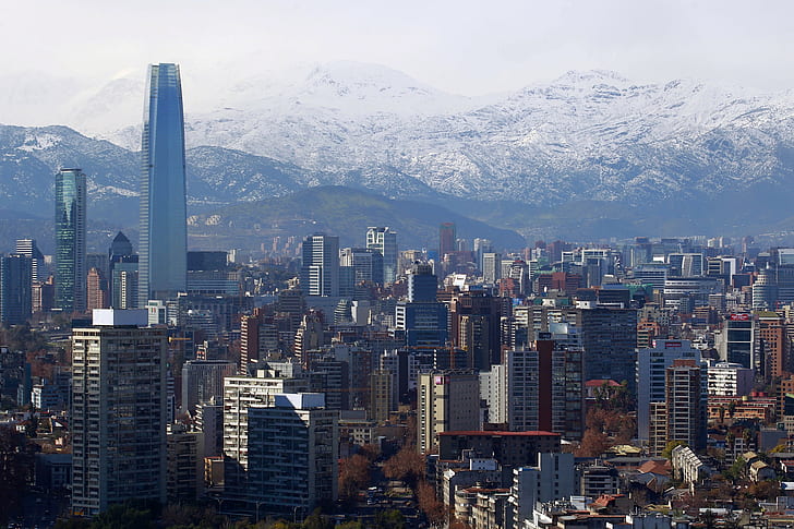 город, Сантьяго де Чили, городской пейзаж, небоскреб, горы, HD обои