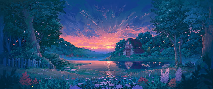 Anime, landscape, village, forest, sunset, sky, clouds, HD wallpaper |  Wallpaperbetter