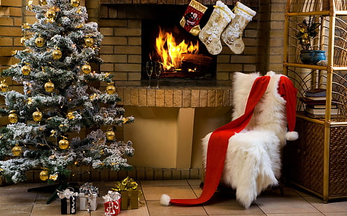 Anno nuovo, albero di Natale, ornamenti natalizi, camino, interni, Natale, Sfondo HD HD wallpaper