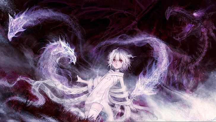 personaggio femminile dai capelli bianchi circondato da nebbia bianca sfondo HD, drago, capelli bianchi, Sfondo HD