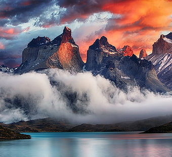 montagna vicino al corpo idrico durante l'ora d'oro, montagne, Torres del Paine, Patagonia, Cile, nuvole, lago, natura, paesaggio, Sfondo HD HD wallpaper
