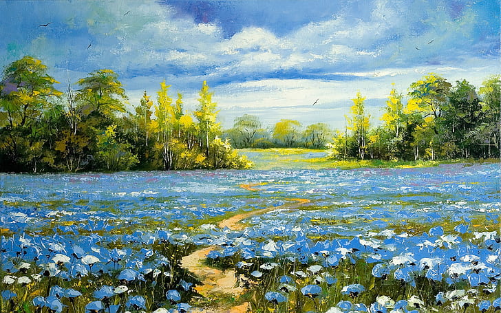 Pintura a óleo da paisagem, pintura com flores de pétalas azuis, Paisagem, Óleo, Pintura, HD papel de parede