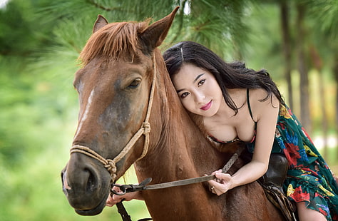 Asiático, mulheres, modelo, olhar visualizador, cavalo, animais, HD papel de parede HD wallpaper