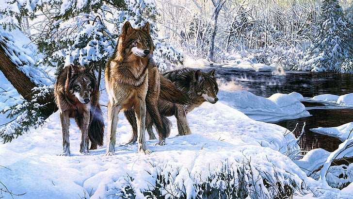 вълк, вълци, гора, зима, живопис, изкуство, сняг, HD тапет