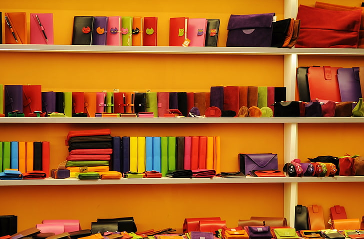 accessory, books, cases, colorful, colourful, library, purses, retail, sales, sell, shelf, shop, store, wallets, HD wallpaper