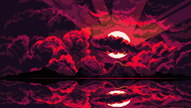 пиксель арт, облака, луна, отражение, темный фон, HD обои