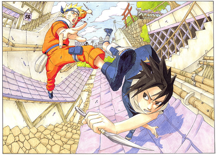 Babys blaue und gelbe Trage, Naruto Shippuuden, Masashi Kishimoto, Uzumaki Naruto, Uchiha Sasuke, Kunstwerk, Illustration, HD-Hintergrundbild