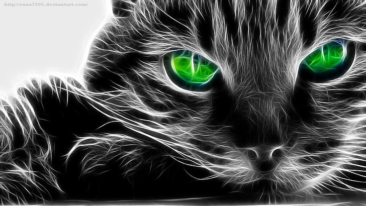 Fractalius, kucing, mata hijau, binatang, karya seni, Wallpaper HD