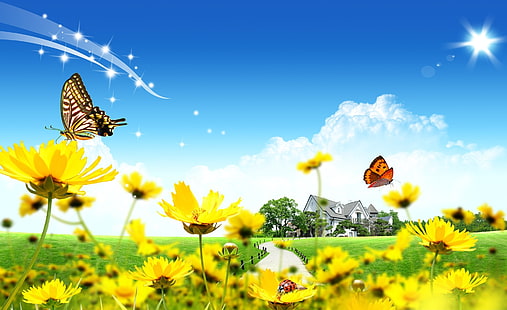 Dreamscape春5、黄色の花、季節、春、Dreamscape、 HDデスクトップの壁紙 HD wallpaper