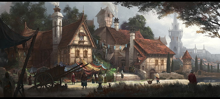 ilustracja brązowy dom kreskówka, grafika, wioski, sztuka fantasy, Tapety HD