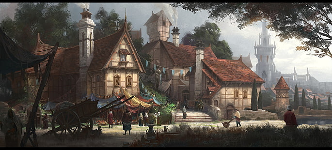 коричневая мультипликационная иллюстрация дома, произведения искусства, деревни, фэнтези-арт, HD обои HD wallpaper