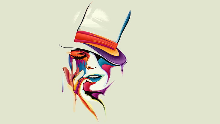 wielobarwna kobieta w kapeluszu, malowanie twarzy, rysunek, wektor, farby, kolor, niesamowity, Tapety HD
