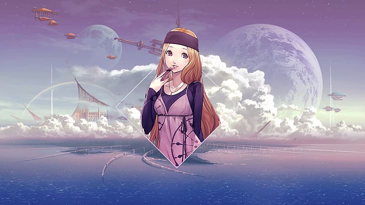 anime girls, Chihaya Mifune, Persona 5, Persona 4, Photoshop, digital art, Anime, anime landscape, picture-in-picture, piture in picture, ocean view, clouds, video games, HD wallpaper