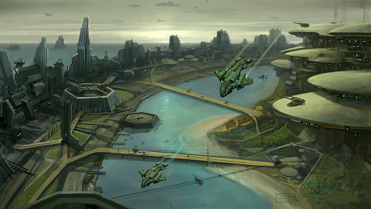 two aircrafts above city digital wallpaper, digital art, fantasy art, futuristic, video games, Halo Wars, landscape, cityscape, spaceship, flying, river, futuristic city, building, Pelican (Halo), Halo, HD wallpaper
