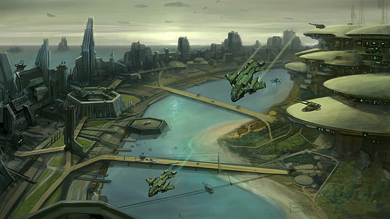 два самолета над городом цифровые обои, цифровое искусство, фэнтези-арт, футуристический, видеоигры, Halo Wars, пейзаж, городской пейзаж, космический корабль, полет, река, футуристический город, здание, Pelican (Halo), Halo, HD обои HD wallpaper