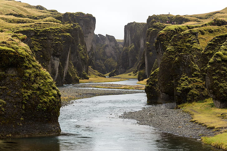 Fjaðrárgljúfur, Исландия, река, холмы, мох, пейзаж, утес, HD обои