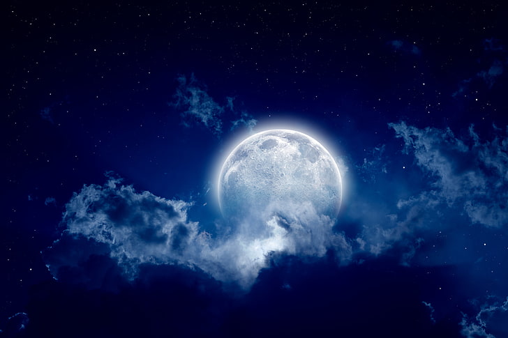 white moon, the sky, landscape, night, The moon, moon, moonlight, sky, full moon, beautiful scene, cloudy night, HD wallpaper