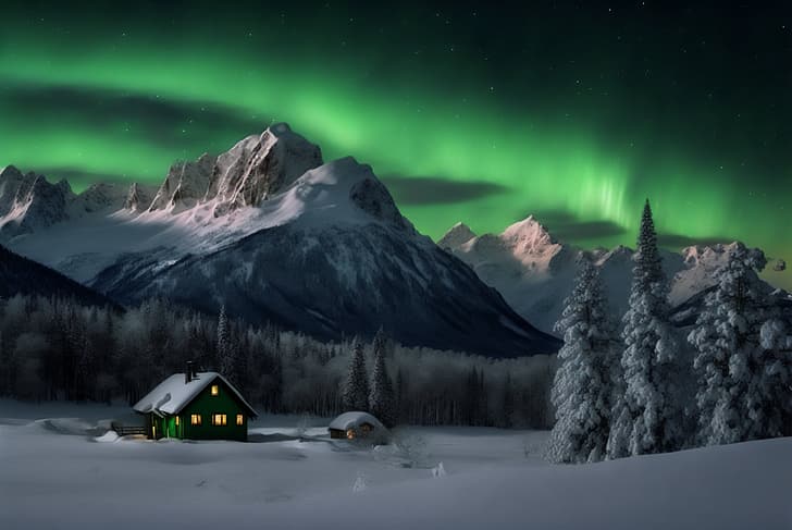AI art, winter, snow, cottage, aurorae, mountains, trees, HD wallpaper