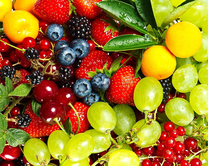 bacche assortite, cibo, frutta, fragole, uva, bacche, ciliegie, Sfondo HD
