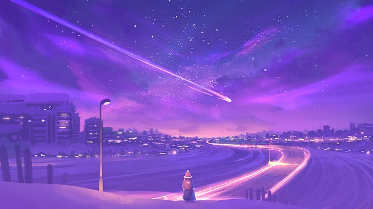 artwork, city, night, sky, shooting stars, HD wallpaper