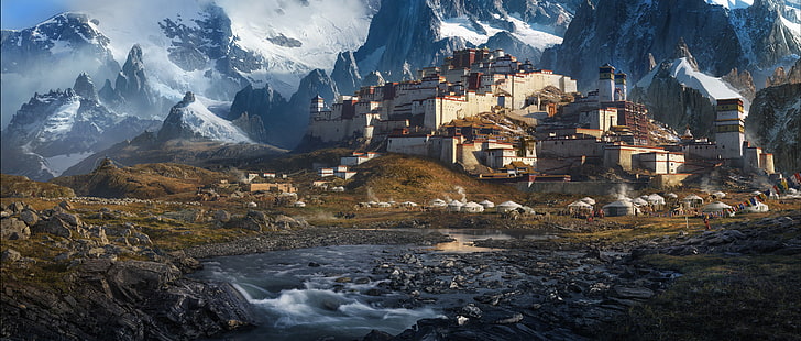 paysage, criques, montagnes, tibet, tente, forteresse, ultrawide, Fond d'écran HD