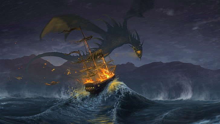 Ilustración del barco dragón y galeón, ilustraciones, arte de fantasía, dragón, barco, velero, alas, naturaleza, vuelo, fuego, quema, mar, olas, lluvia, tormenta, cola, Fondo de pantalla HD