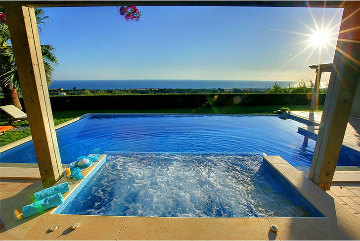 Jacuzzi Villa con vista al mar, piscina, isla, vista, natación, exótica, tropical, jacuzzi, jacuzzi, océano, villa, paraíso, lujo, Fondo de pantalla HD