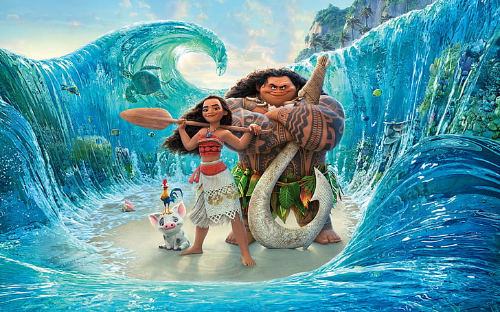 sea, wave, cartoon, girl, characters, paddle, Walt Disney Pictures, aboriginal, Moana, HD wallpaper