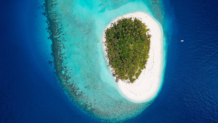 Maldivas, isla, vista de aviones no tripulados, fotografía aérea, vista aérea, mar Arábigo, mar, Fondo de pantalla HD