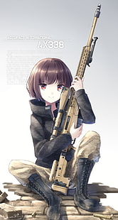 аниме, аниме девушки, пистолет, оружие, снайперская винтовка, короткие волосы, брюнетка, красные глаза, HD обои HD wallpaper