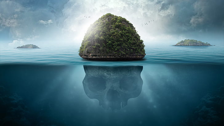 crâne, sous l'eau, île, Caraïbes, îlot, tropical, ciel, nuage, îles, art fantastique, 5k uhd, eau, mer, 5k, surréaliste, art numérique, Fond d'écran HD
