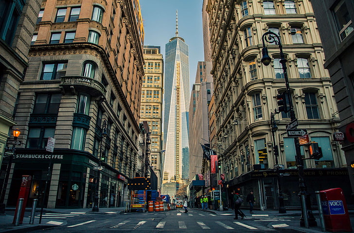 Америка, архитектура, здания, город, центр города, Манхэттен, Нью-Йорк, Нью-Йорк, один всемирный торговый центр, дорога, небоскреб, улица, Соединенные Штаты Америки, городские, США, HD обои