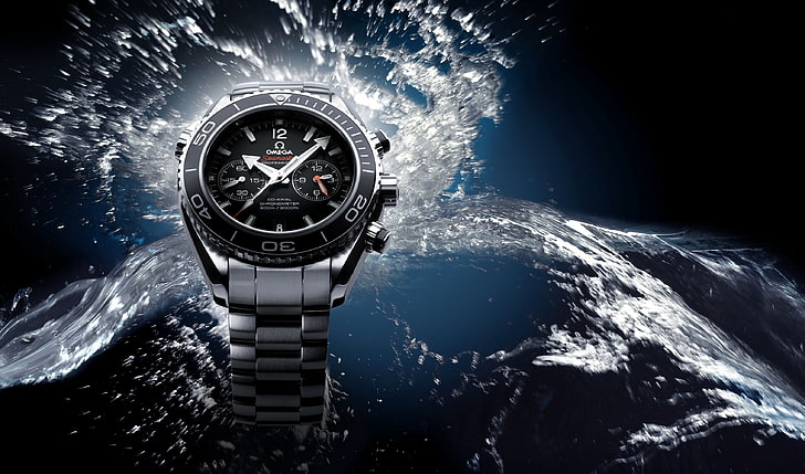 round black and silver-colored Omega chronograph watch, water, watch, Omega, HD wallpaper