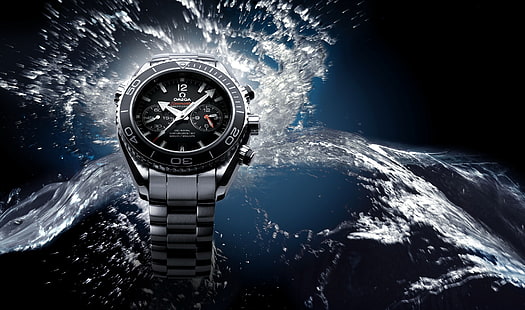 round black and silver-colored Omega chronograph watch, water, watch, Omega, HD wallpaper HD wallpaper