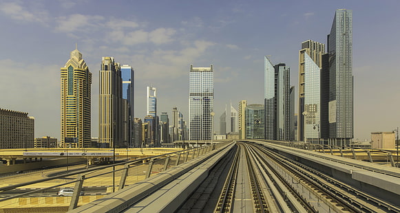 gray and brown skyline under blue sky, brown, skyline, blue sky, Canon 6D, f2, II, Leading Lines, High Noon, Shots, Dubai  Towers, Metro  Railway, Modern, City, Flickr, Flicker, com, dubai, united Arab Emirates, architecture, cityscape, skyscraper, urban Scene, urban Skyline, downtown District, asia, transportation, tower, built Structure, street, sheikh Zayed Road, traffic, building Exterior, HD wallpaper HD wallpaper