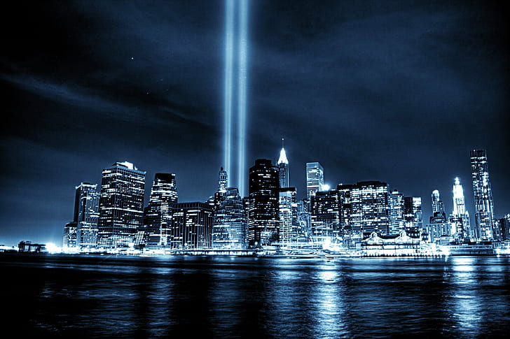 lighted cityscape near body of water, Dark City, body of water, Tribute in Light, World Trade Center, WTC, Night  Light, New York  New York, New York City, Manhattan, Skyline, Black and White, Cyanotype, Tonight, Cityscape, East River, Building, Skyscraper, Architecture, night, urban Skyline, urban Scene, city, downtown District, famous Place, building Exterior, HD wallpaper