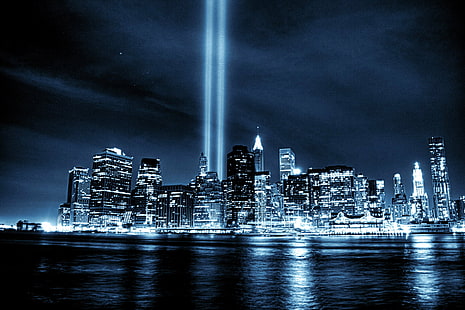 lighted cityscape near body of water, Dark City, body of water, Tribute in Light, World Trade Center, WTC, Night  Light, New York  New York, New York City, Manhattan, Skyline, Black and White, Cyanotype, Tonight, Cityscape, East River, Building, Skyscraper, Architecture, night, urban Skyline, urban Scene, city, downtown District, famous Place, building Exterior, HD wallpaper HD wallpaper