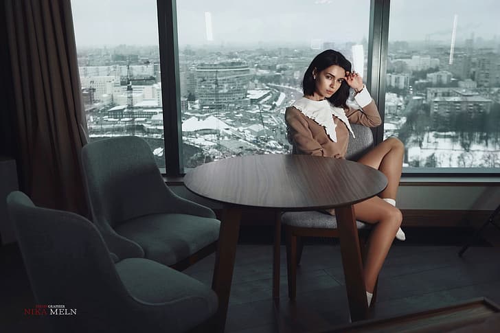 girl, pose, table, window, chairs, legs, Tanya Frost, Nick Mölln, HD wallpaper