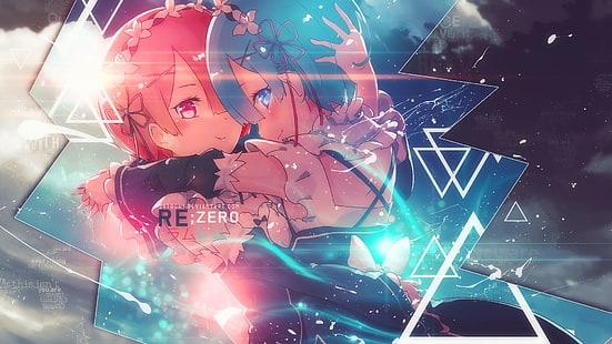 re: zero, ram, rem, hugging, textures, profile view, maids, Anime, HD wallpaper HD wallpaper