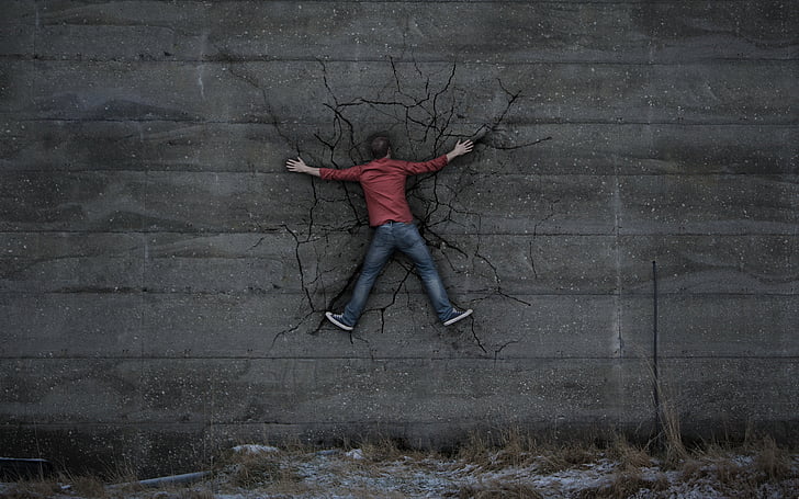 man on gray wall, Alone, Wall, Crack, HD, HD wallpaper