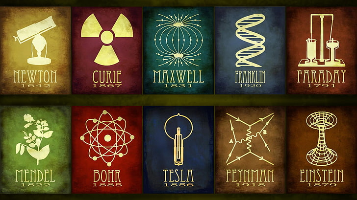 mnóstwo książek kolorowych, nauka, Isaac Newton, Faraday, Niels Bohr, Nikola Tesla, Albert Einstein, chemia, Maria Skłodowska-Curie, Tapety HD