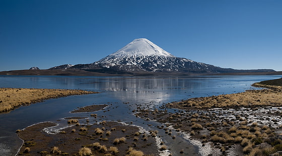 zaśnieżona góra, przyroda, fotografia, krajobraz, zaśnieżony szczyt, wulkan, góry, jezioro, park narodowy, błękit, Chile, Tapety HD HD wallpaper