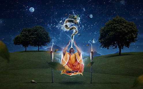 Seni Meditasi, ilustrasi biksu mengambang, bulan, pohon, meditasi, Wallpaper HD HD wallpaper