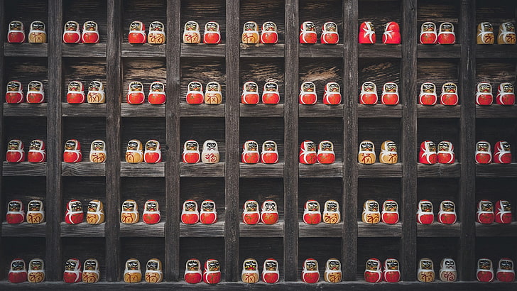 red canister lot, doll, wood, pattern, shelf, HD wallpaper