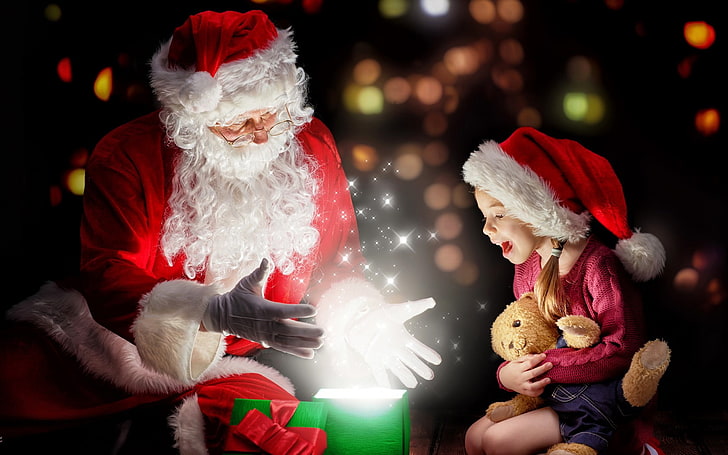 Santa Claus Gift Magic And Baby, วอลล์เปเปอร์ดิจิตอลซานตาคลอส, เด็ก, ซานตาคลอส, มายากล, ของขวัญ, กล่อง, วอลล์เปเปอร์ HD